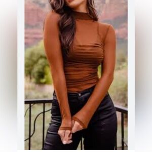 Elegant Brown Long Sleeve Top sheer bodysuit